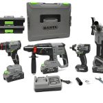 Комплект от акумулаторен перфоратор, ъглошлайф 125 мм, гайковерт и винтоверт 36V с 3 броя батерии 5Ah в куфар и зарядно HAWEK