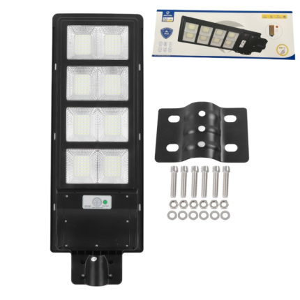 Улична соларна лампа Jortan със соларен панел и стойка, 400W, IP66, 12-16 часа автономия, Батерия 30 000mAh, 6500K, Черен