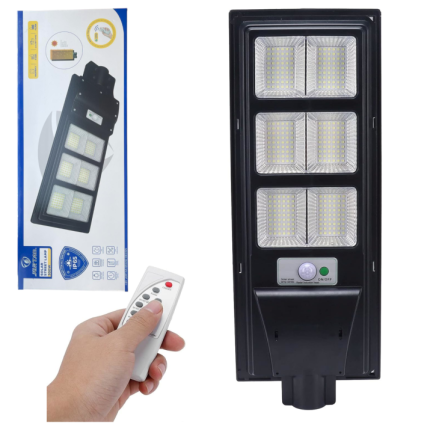 Улична соларна лампа Jortan със соларен панел и стойка, 300W, IP66, 12-16 часа автономия, Батерия 15 000mAh, 6500K, Черен
