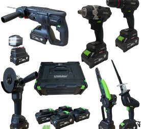 Комплект 7 в 1 от акумулаторен перфоратор, винтоверт, гайковерт, ъглошлайф, саблен трион, резачка с омасляване и LED лампа 36V 10Ah - с 4 батерии и 30 части в куфар StahlMayer Black