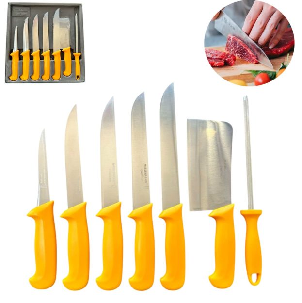Комплект професионални немски месарски ножове 5 броя със сатър и масат