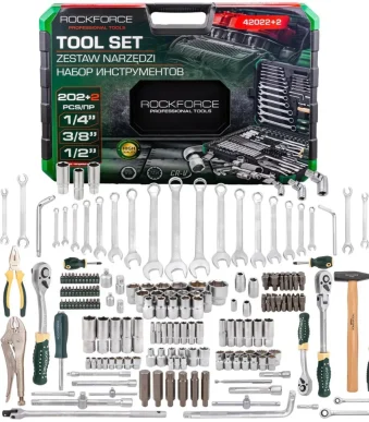 Гедоре 202+2 части 1/4″, 3/8″, 1/2″ ROCKFORCE