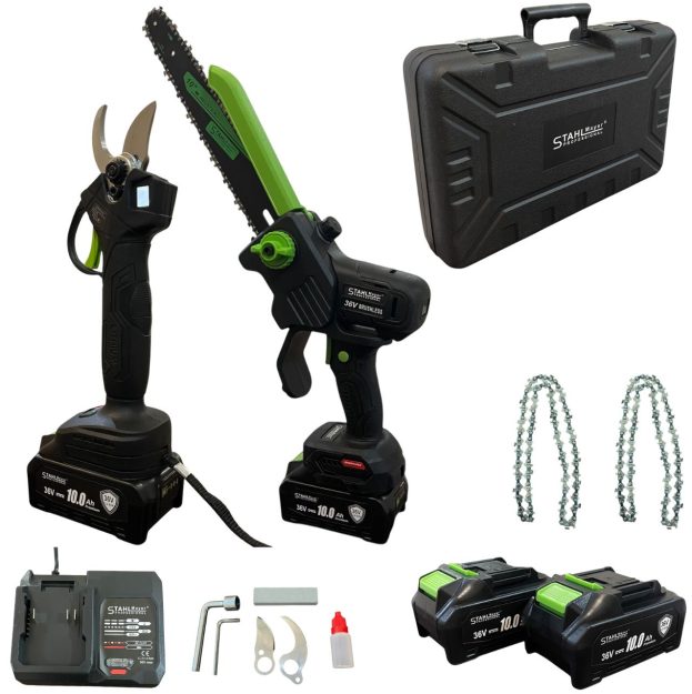 Комплект акумулаторна лозарска ножица и акумулаторен трион StahlMayer 36V 10AH LCD дисплей | mcbtools.com