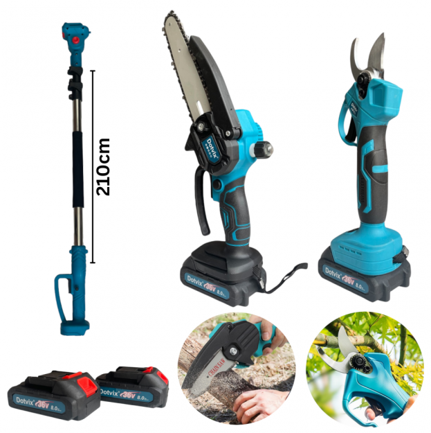 3в1 Акумулаторна Лозарска Ножица и Трион с Омасляване и телескопичен прът 36V 8AH - Dotvix