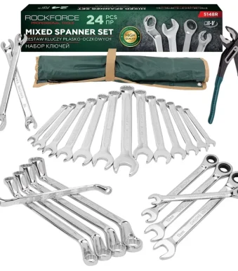Комплект комбинирани ключове 24 части + подарък клещи гарги 10" RockForce