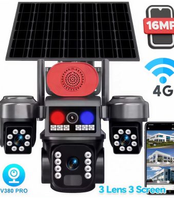 Соларна охранителна камера с 3 обектива и аларма – 16 MP+ 4G - SIM карта Sunvision