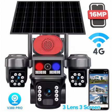 Соларна охранителна камера с 3 обектива и аларма – 16 MP+ 4G - SIM карта Sunvision