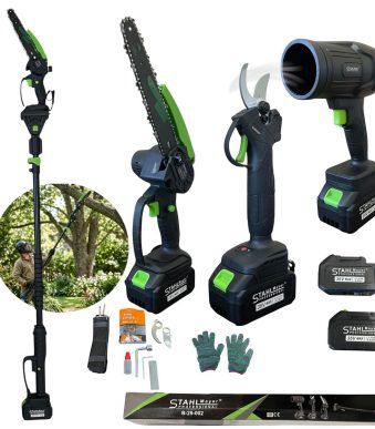 Комплект 4 в 1 от акумулаторна лозарска ножица, мини верижен трион, въздушен турбо пистолет и телескопичен прът 36V 8Ah StahlMayer