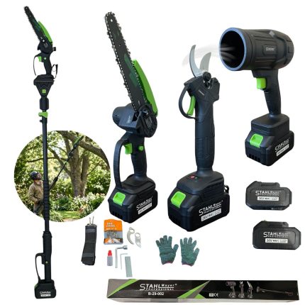 Комплект 4 в 1 от акумулаторна лозарска ножица, мини верижен трион, въздушен турбо пистолет и телескопичен прът 36V 8Ah StahlMayer