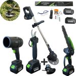 Комплект 4 в 1 от акумулаторна лозарска ножица мини верижен трион въздушен турбо пистолет и тример за трева 36V 8Ah StahlMayer