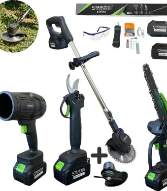 Комплект 4 в 1 от акумулаторна лозарска ножица мини верижен трион въздушен турбо пистолет и тример за трева 36V 8Ah StahlMayer