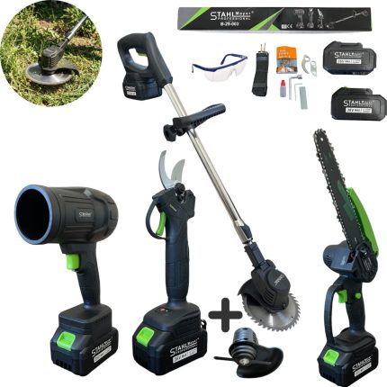 Комплект 4 в 1 от акумулаторна лозарска ножица мини верижен трион въздушен турбо пистолет и тример за трева 36V 8Ah StahlMayer